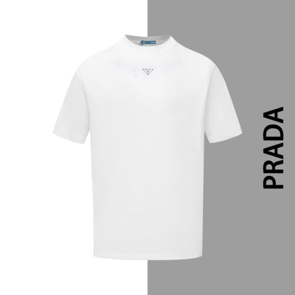 Prada burnt flower embroidery letter triangle iron label round neck short sleeve