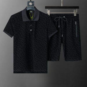 BOSS 2025 Spring and Summer New Style Full Flocking Print Lapel Short Suit Black