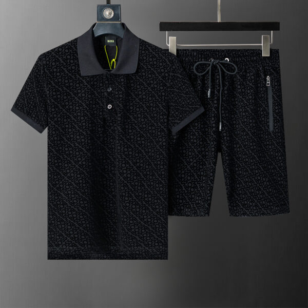 BOSS 2025 Spring and Summer New Style Full Flocking Print Lapel Short Suit Black