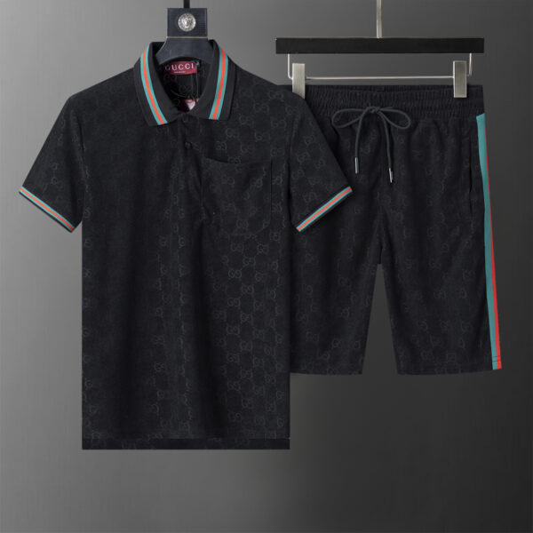 GUCCI 2025 Spring and Summer New GG Towel Jacquard Lapel Short Suit  Black